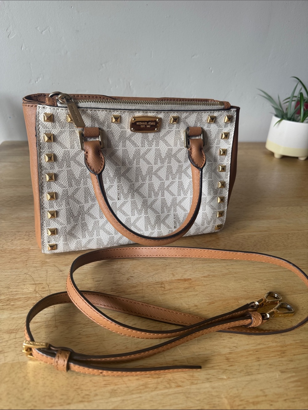 Michael Kors Beige & Tan Logo Studded Satchel with Removable Strap
